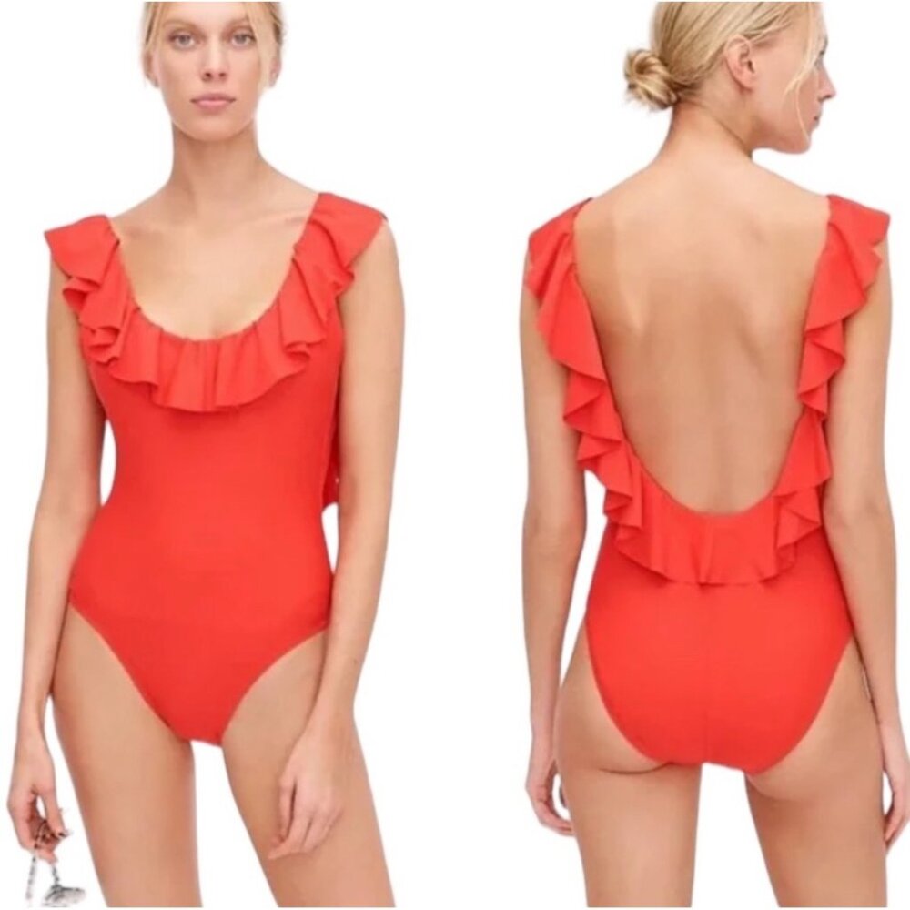 J Crew Ruffle scoopback one-piece swimsuit AV683 Size 12